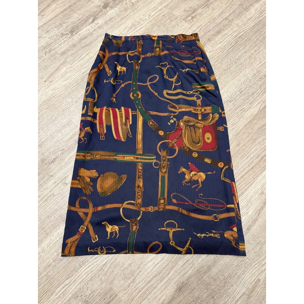 Pendleton Petite Equestrian Print Midi Skirt Navy Blue Horse Saddle Rayon Sz 12 - Picture 11 of 12